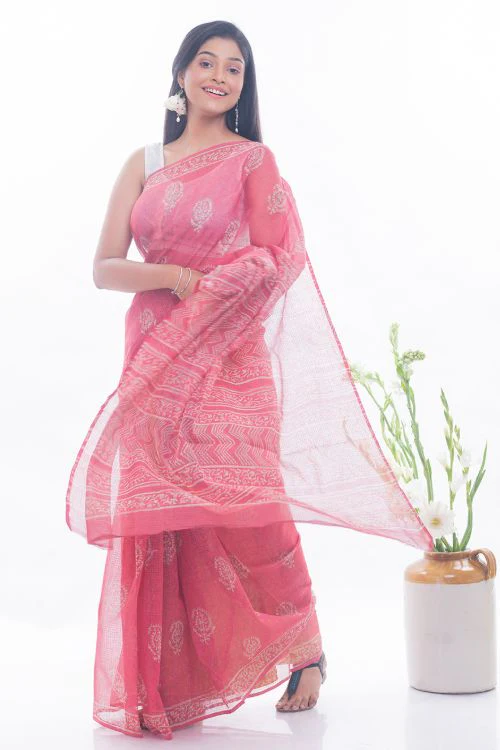 TICH Summer Moods. Dabu Block Printed Kota Doria Saree - Pink Paisleys - Image 5