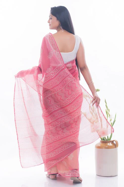 TICH Summer Moods. Dabu Block Printed Kota Doria Saree - Pink Paisleys - Image 6
