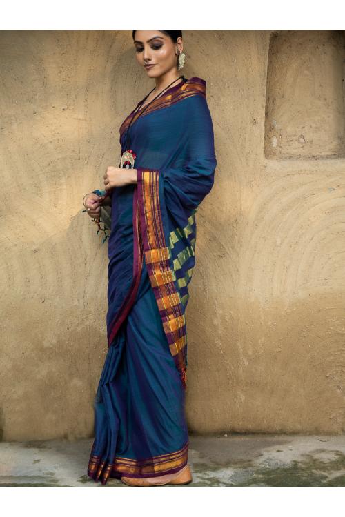 Traditional Elegance. Fine Ilkal Cotton Saree - Deep Blue & Purple - Image 5