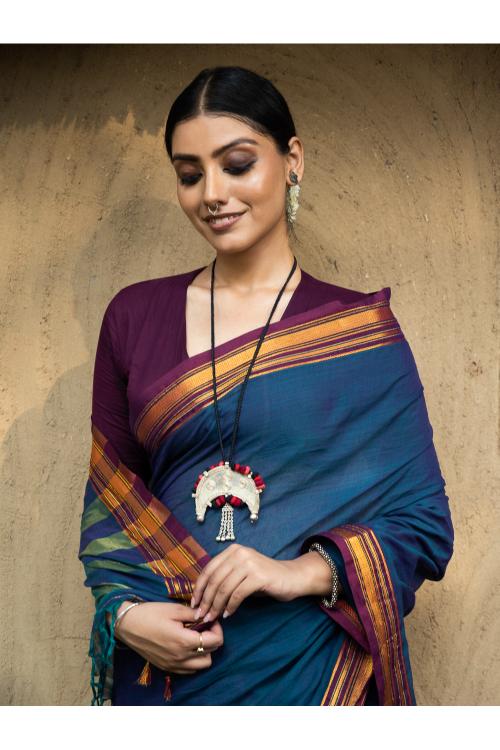 Traditional Elegance. Fine Ilkal Cotton Saree - Deep Blue & Purple - Image 7