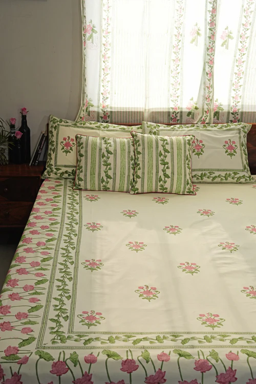 Sooti Syahi Tranquil Retreat Hand Block Printed Cotton Percale Bedsheet - Image 4