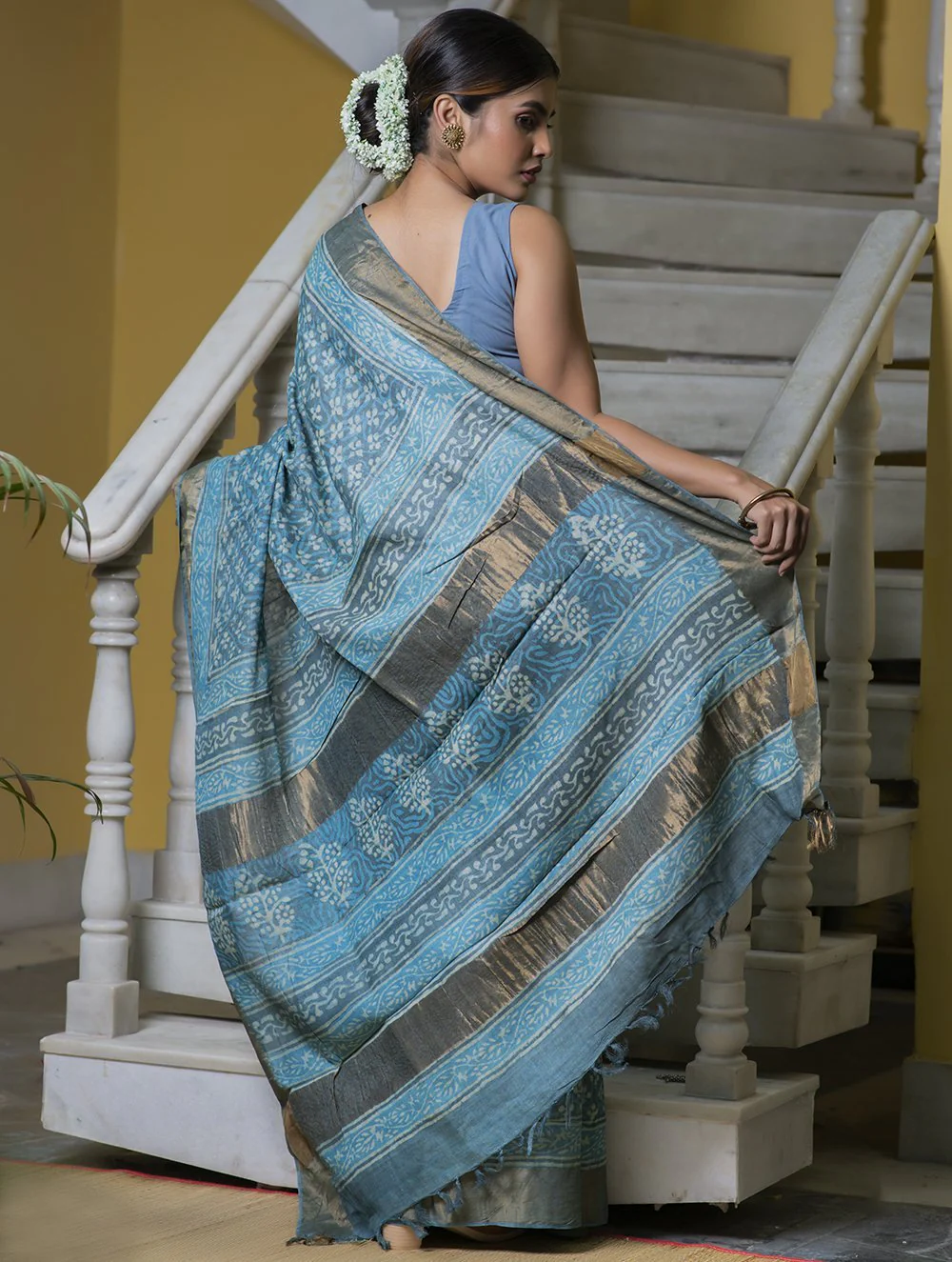 TICH Festive & Exclusive Tassar Silk Bagru Saree (With Blouse Piece) - Turqua Blue, Dull Gold & Beige - Image 4
