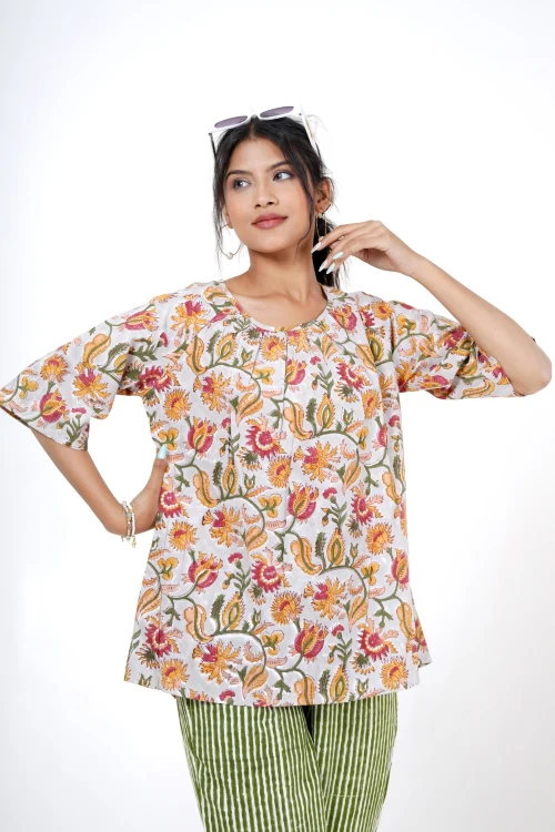 Twilight Tulips Hand Block Printed Top