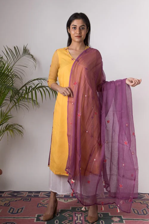 Urmul 'Alisha'Hand Embroidered yellow kotta doriya kurta . 2pc set (kurta and dupatta) - Image 3