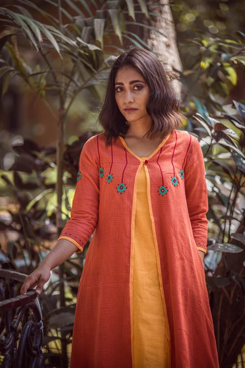 Urmul 'Anmol'Hand Embroidered Orange Kotta doriya dress . 2pc set (Jacket and Slip) - Image 3