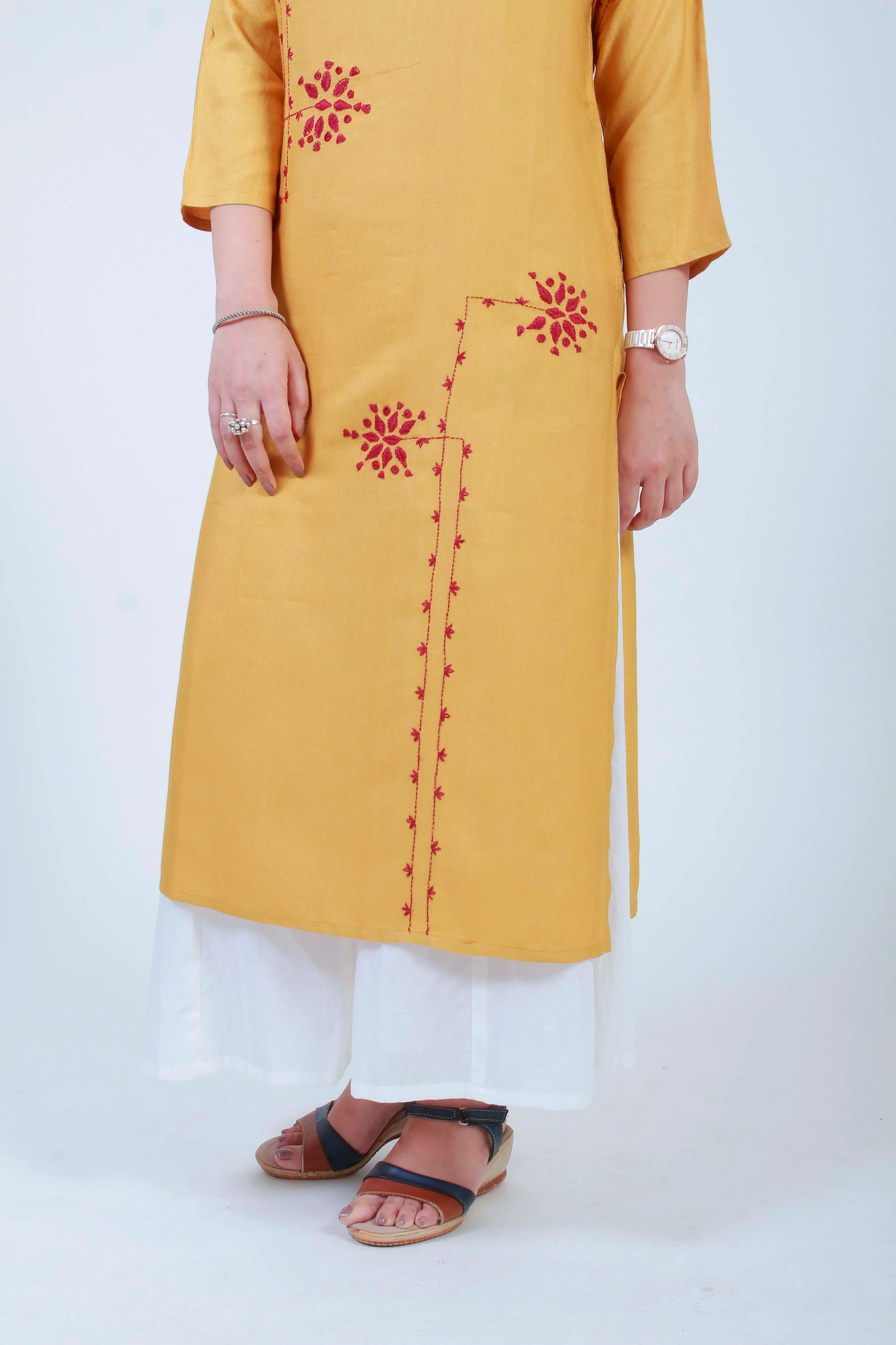 Urmul 'Barkat' Ochre Hand Embroidered cotton Silk Kurta - Image 3