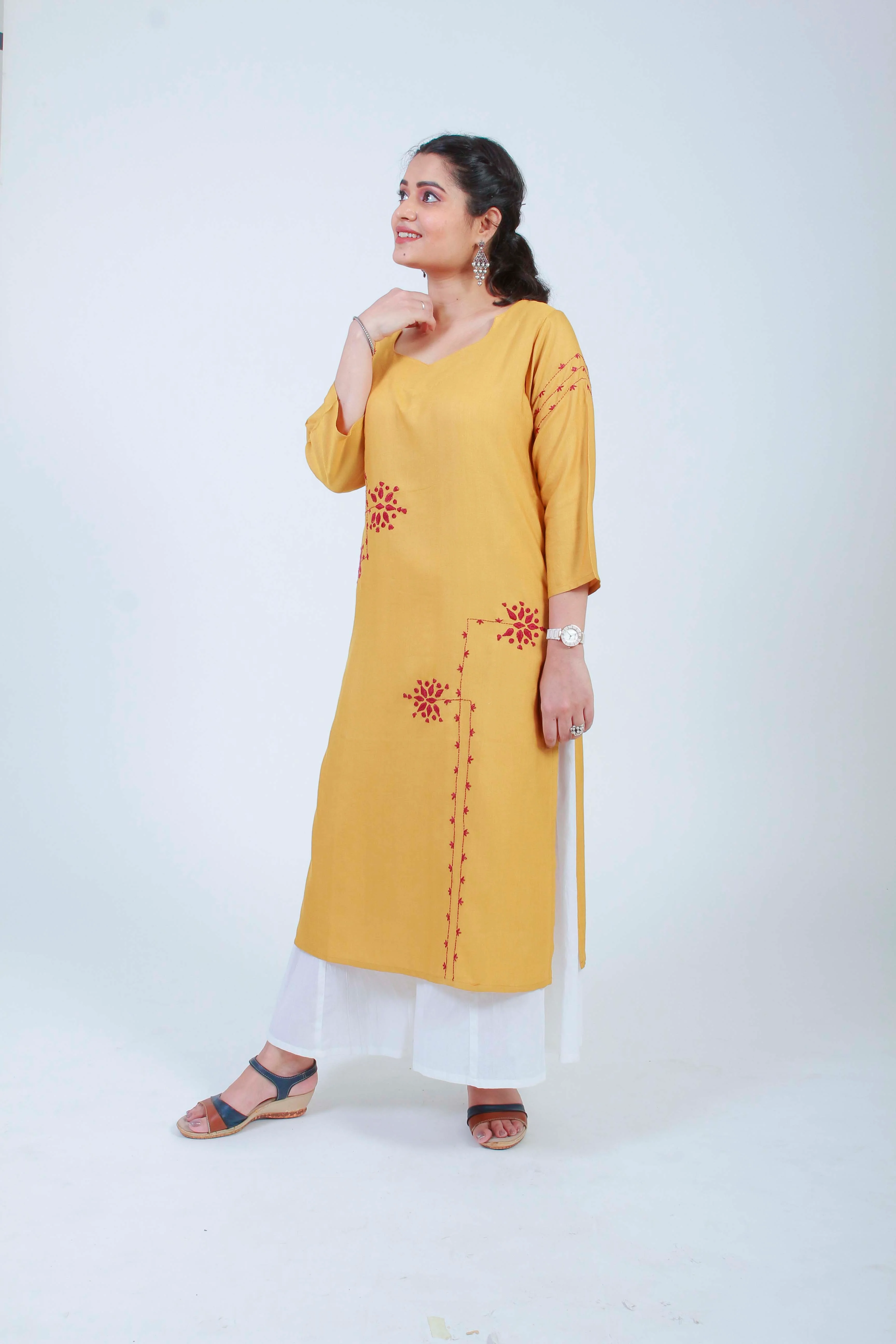Urmul 'Barkat' Ochre Hand Embroidered cotton Silk Kurta - Image 4