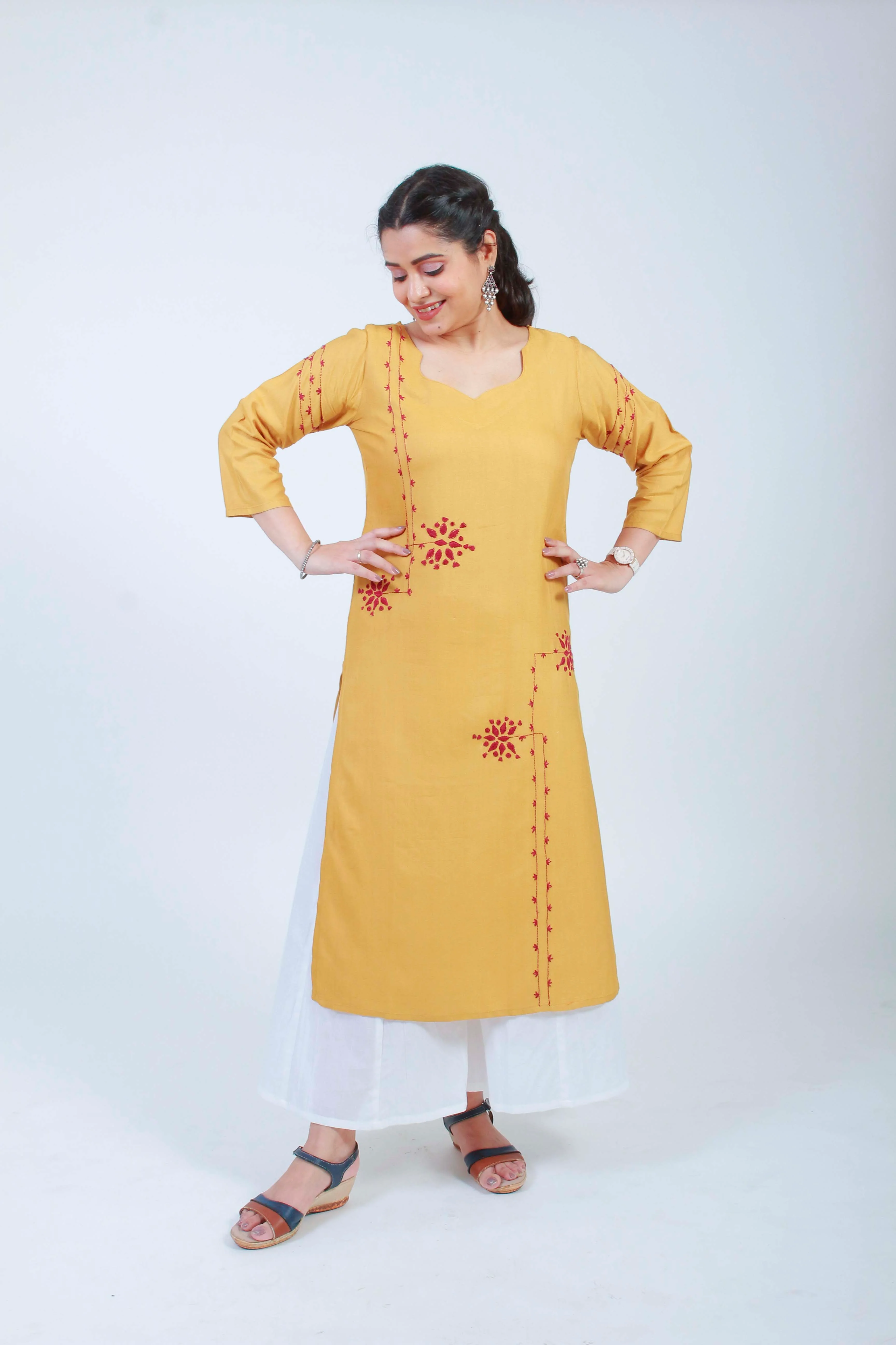 Urmul 'Barkat' Ochre Hand Embroidered cotton Silk Kurta - Image 5