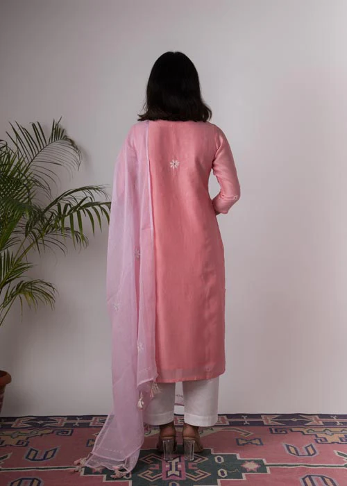 Urmul 'Carnation'Hand Embroidered carnation chanderi kurta . 2pc set (kurta and dupatta) - Image 3