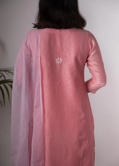 Urmul 'Carnation'Hand Embroidered carnation chanderi kurta . 2pc set (kurta and dupatta) - Image 4