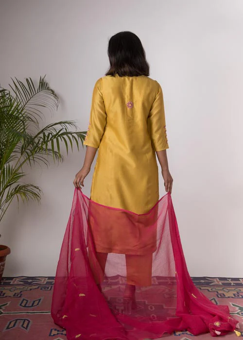 Urmul 'Champa'Hand Embroidered Ochre chanderi kurta . 2pc set (kurta and dupatta) - Image 4