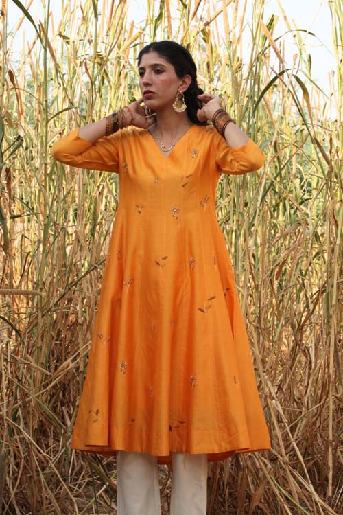 Urmul Desert Crafts- "CHAMELI" Mustard Chanderi Kalidar Kurta


 " - Image 3