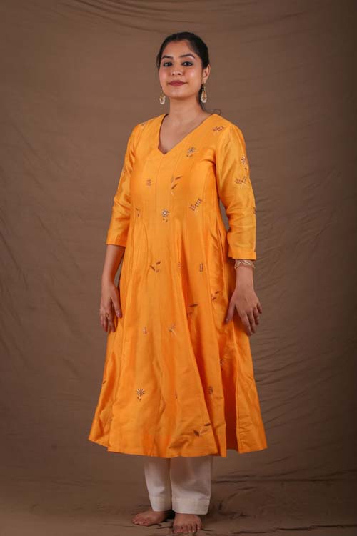 Urmul Desert Crafts- "CHAMELI" Mustard Chanderi Kalidar Kurta


 " - Image 5