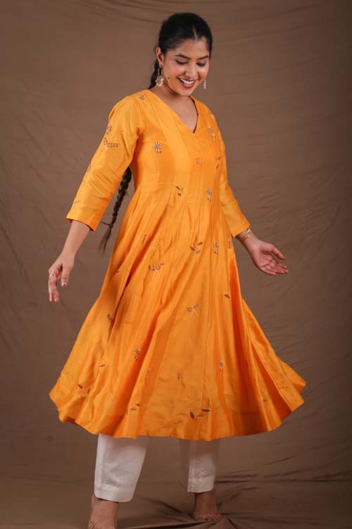 Urmul Desert Crafts- "CHAMELI" Mustard Chanderi Kalidar Kurta


 " - Image 6