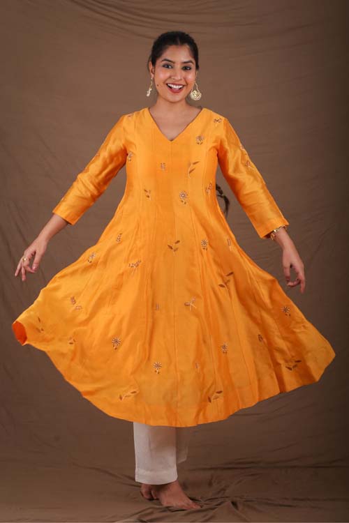 Urmul Desert Crafts- "CHAMELI" Mustard Chanderi Kalidar Kurta


 " - Image 7