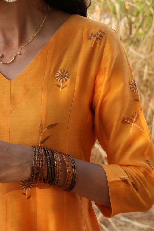 Urmul Desert Crafts- "CHAMELI" Mustard Chanderi Kalidar Kurta


 " - Image 8