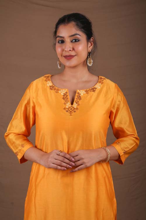 Urmul Desert Crafts- "DEVOLEEN" Mustard Chanderi Kurta