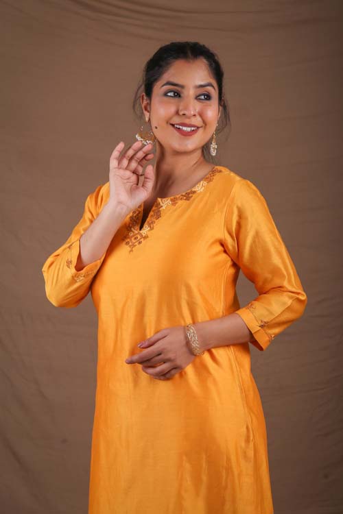 Urmul Desert Crafts- "DEVOLEEN" Mustard Chanderi Kurta - Image 3