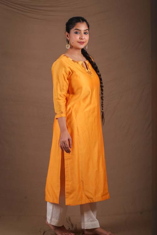 Urmul Desert Crafts- "DEVOLEEN" Mustard Chanderi Kurta - Image 4