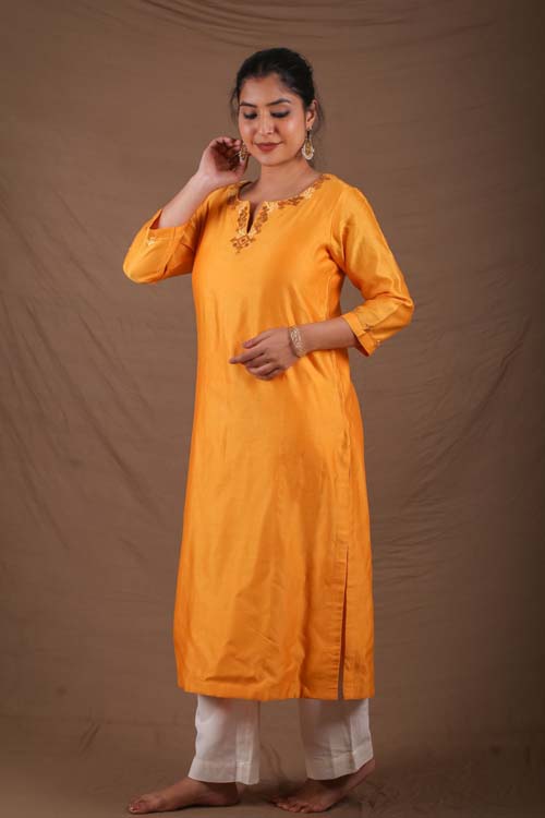 Urmul Desert Crafts- "DEVOLEEN" Mustard Chanderi Kurta - Image 5