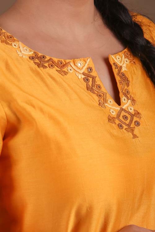 Urmul Desert Crafts- "DEVOLEEN" Mustard Chanderi Kurta - Image 8