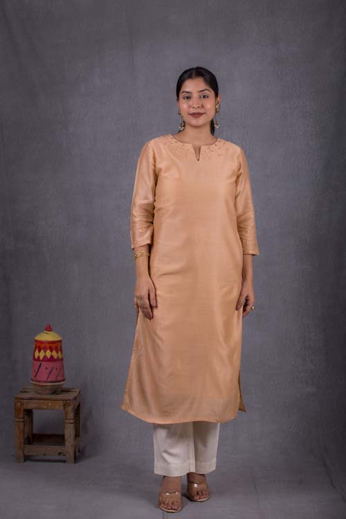 Urmul Desert Crafts ' Lakshita Chanderi Beige Kurti With Soof Hand Embroidery - Image 2