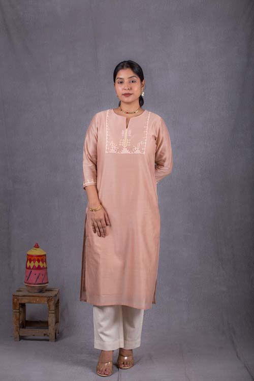 Urmul Desert Crafts ' Priyanka Chanderi Dark Cream Kurti With Soof Hand Embroidery