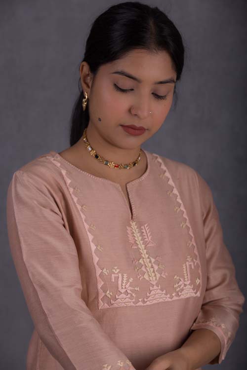 Urmul Desert Crafts ' Priyanka Chanderi Dark Cream Kurti With Soof Hand Embroidery - Image 2