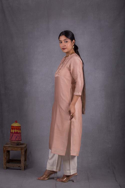 Urmul Desert Crafts ' Priyanka Chanderi Dark Cream Kurti With Soof Hand Embroidery - Image 6