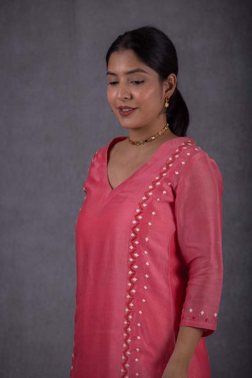 Urmul Desert Crafts Roshni Chanderi Pink Kurti With Soof Hand Embroidery - Image 5