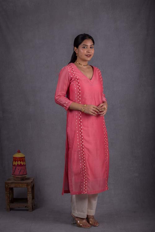 Urmul Desert Crafts Roshni Chanderi Pink Kurti With Soof Hand Embroidery - Image 8
