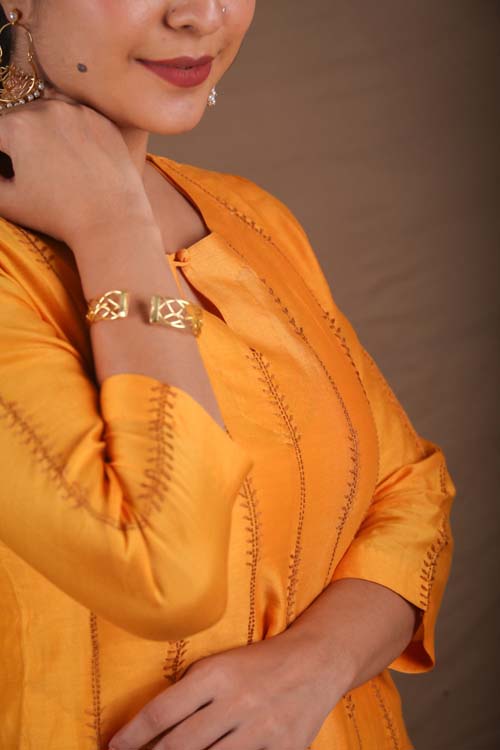 Urmul Desert Crafts "SEWAN" Mustard Chanderi Kalidar Kurta - Image 3