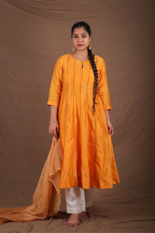 Urmul Desert Crafts "SEWAN" Mustard Chanderi Kalidar Kurta - Image 5