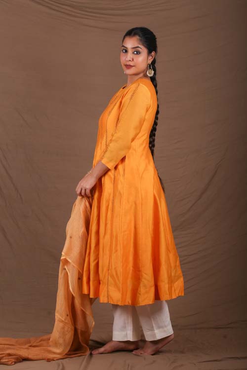 Urmul Desert Crafts "SEWAN" Mustard Chanderi Kalidar Kurta - Image 6