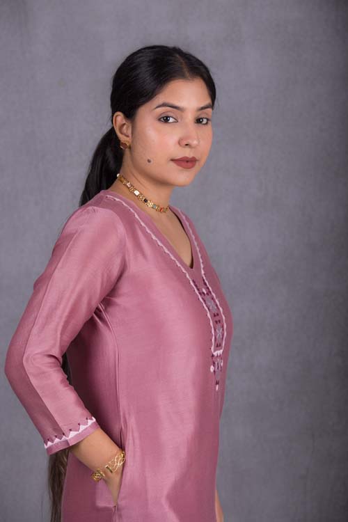 Urmul Desert Crafts Sripal Chanderi Sunset Purple Kurti With Soof Hand Embroidery - Image 5