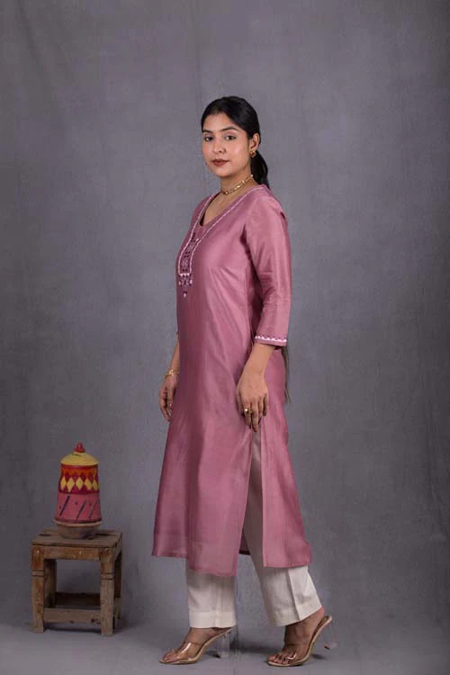 Urmul Desert Crafts Sripal Chanderi Sunset Purple Kurti With Soof Hand Embroidery - Image 6