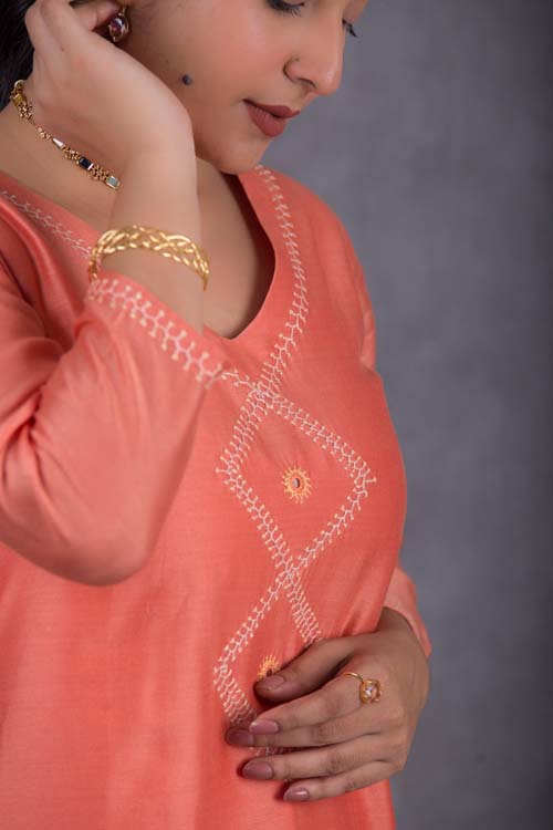 Urmul Desert Crafts Suman Chanderi Coral Orange Kurti With Kacha & Mirror Hand Embroidery - Image 2