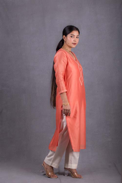 Urmul Desert Crafts Suman Chanderi Coral Orange Kurti With Kacha & Mirror Hand Embroidery - Image 4