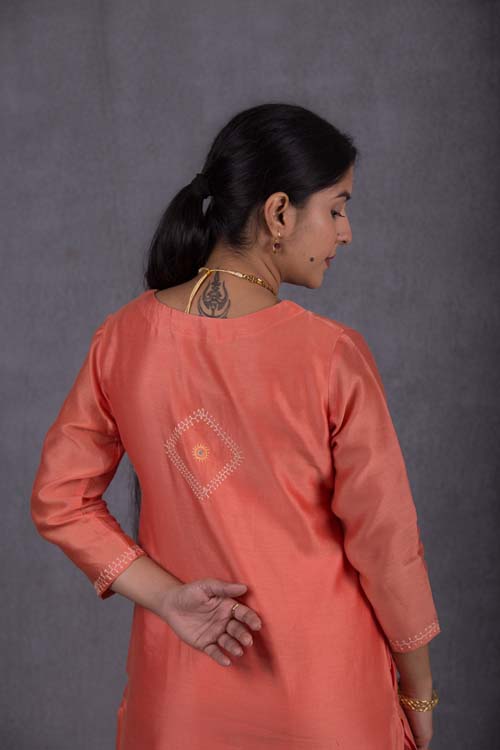 Urmul Desert Crafts Suman Chanderi Coral Orange Kurti With Kacha & Mirror Hand Embroidery - Image 5