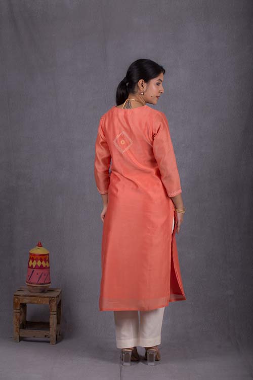 Urmul Desert Crafts Suman Chanderi Coral Orange Kurti With Kacha & Mirror Hand Embroidery - Image 6
