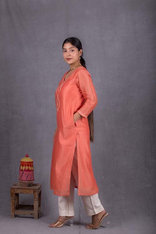 Urmul Desert Crafts Suman Chanderi Coral Orange Kurti With Kacha & Mirror Hand Embroidery - Image 7