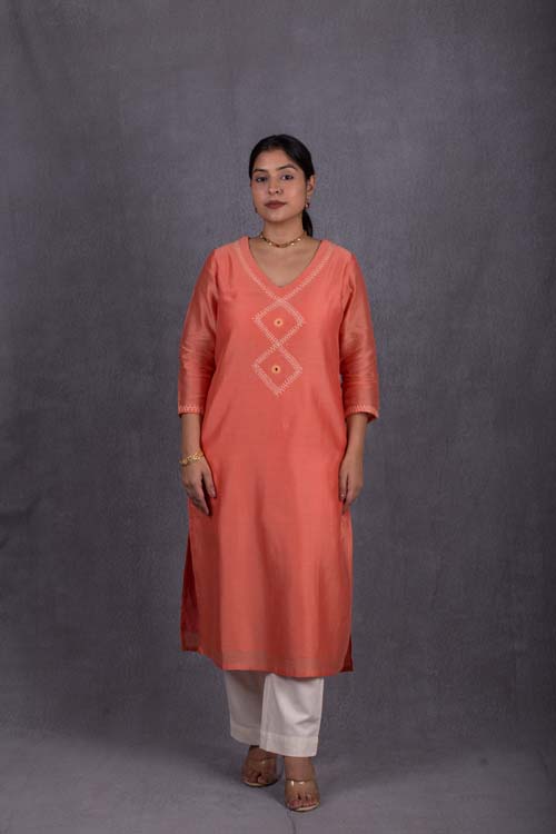 Urmul Desert Crafts Suman Chanderi Coral Orange Kurti With Kacha & Mirror Hand Embroidery - Image 9