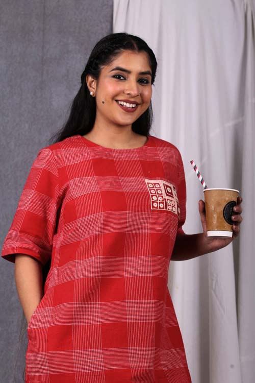 Urmul Desert Crafts "SUNSET" Red Checks Dress - Image 3