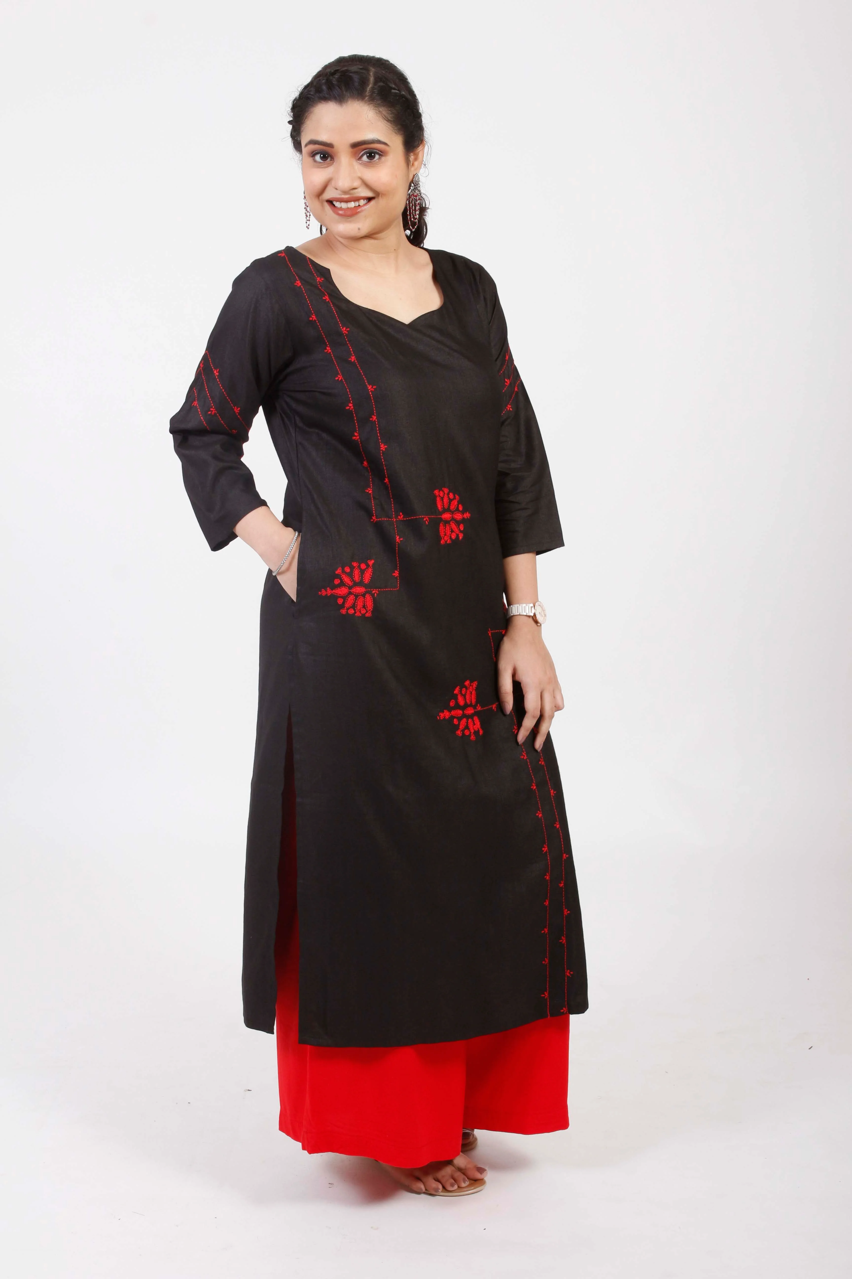Urmul 'Fatima' Black Hand Embroidered cotton Silk Kurta - Image 3