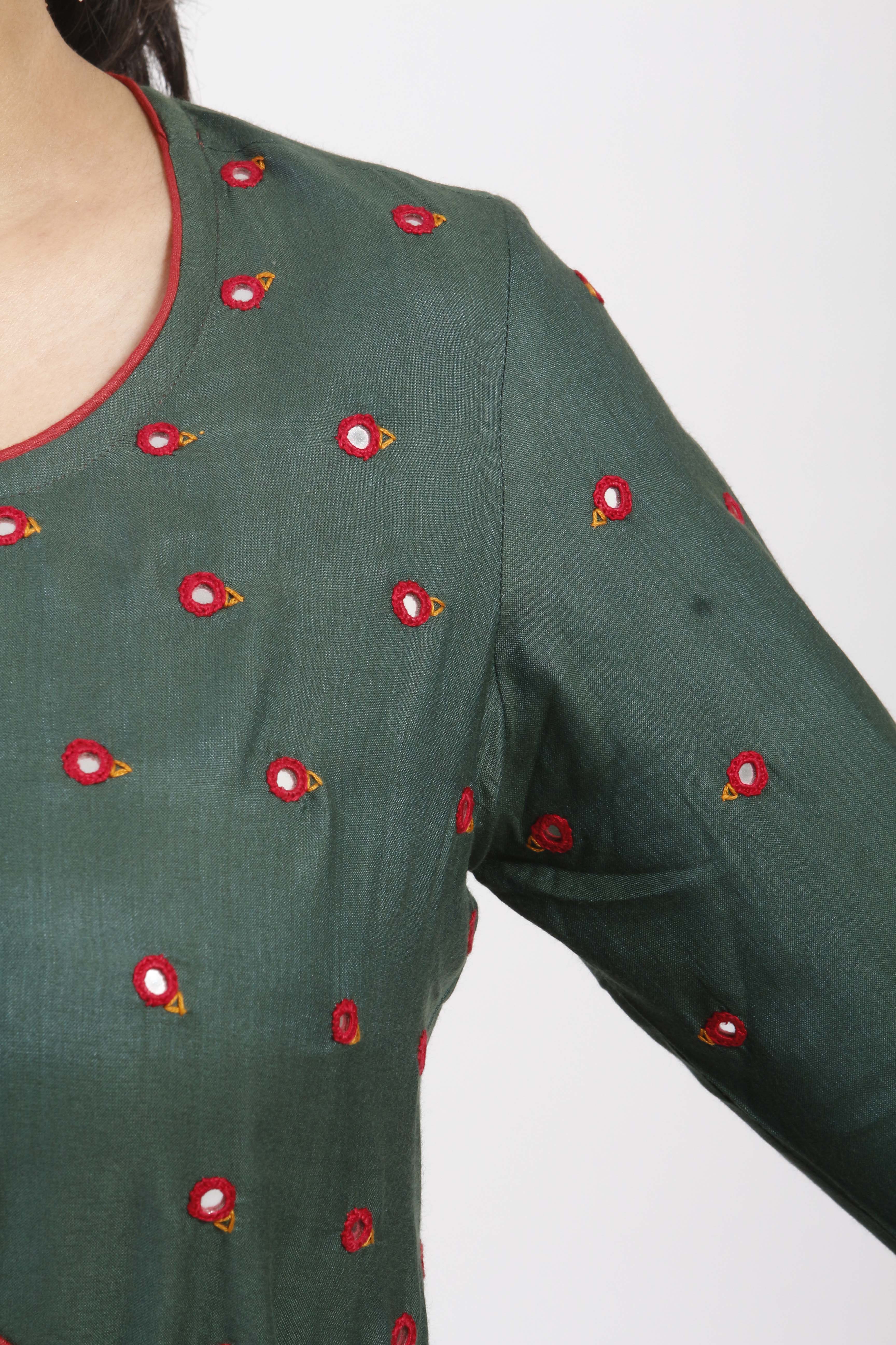 Urmul 'Saavan' Hand Embroidered Bottle Green Cotton silk Angrakha - Image 3