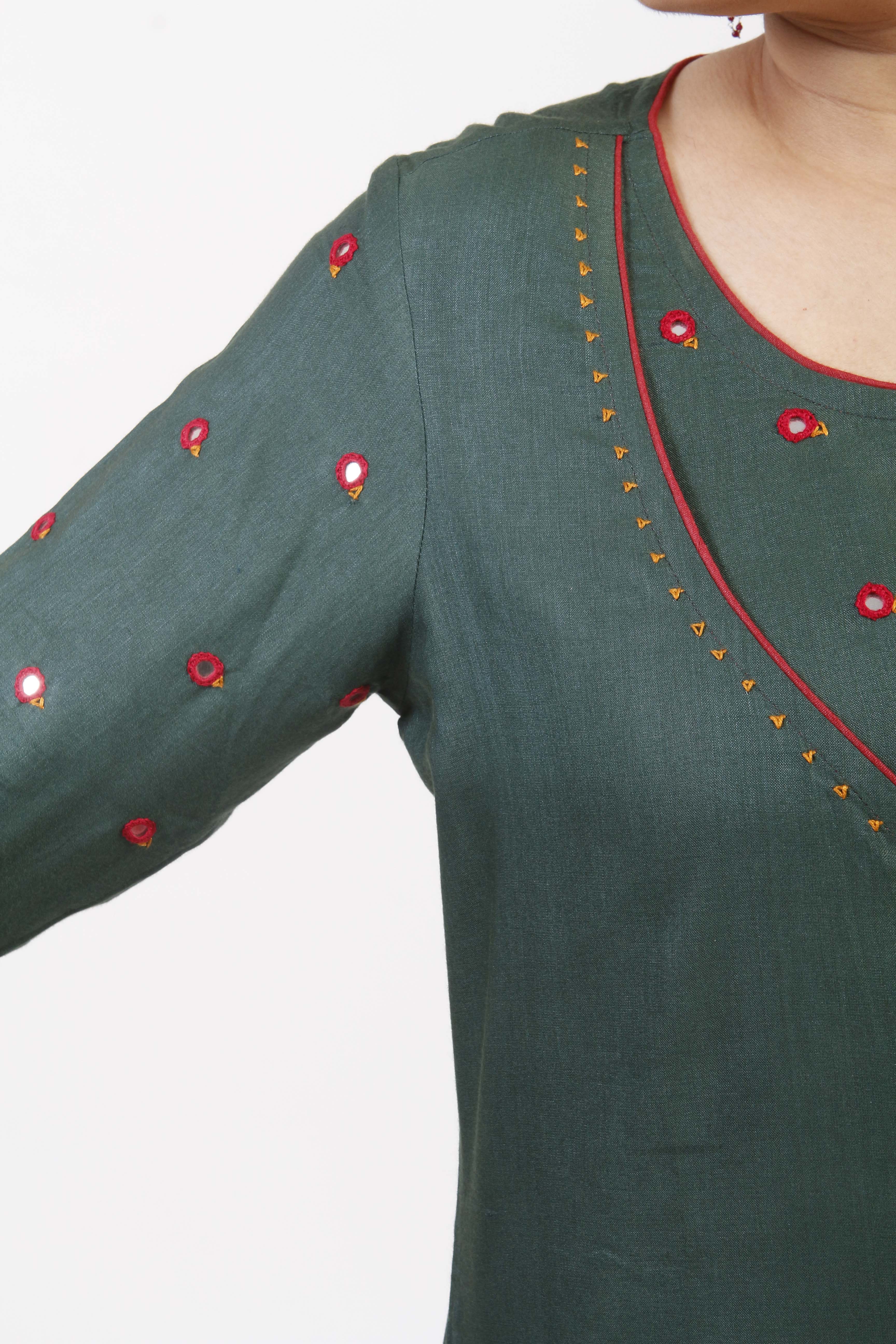 Urmul 'Saavan' Hand Embroidered Bottle Green Cotton silk Angrakha - Image 4