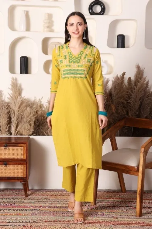 Urmul Sindhi Embroidery SAMU Lime Green Kurta - Pant Set - Image 2