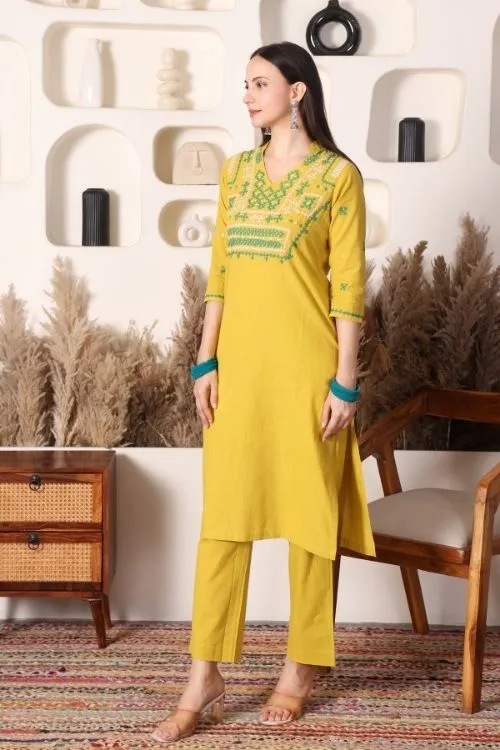 Urmul Sindhi Embroidery SAMU Lime Green Kurta - Pant Set - Image 5