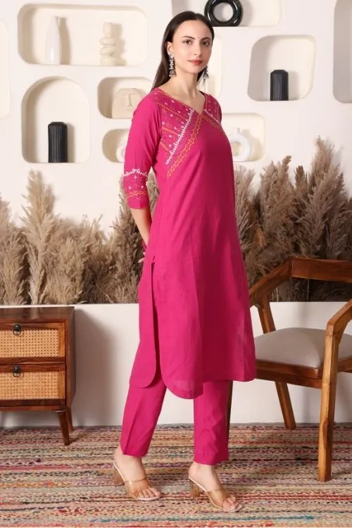 Urmul Sindhi Embroidery SANTOSH Pink Kurta - Pant Set - Image 2