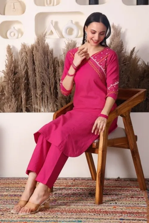 Urmul Sindhi Embroidery SANTOSH Pink Kurta - Pant Set - Image 3